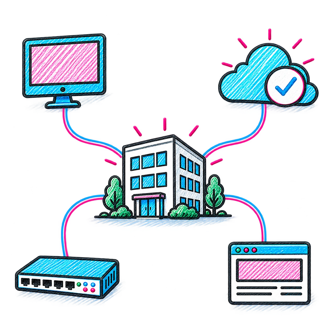 A business connected to computer support, cloud backup, networking and website services