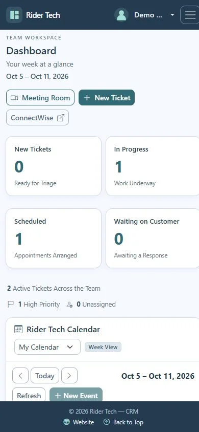 Rider Tech CRM mobile dashboard preview