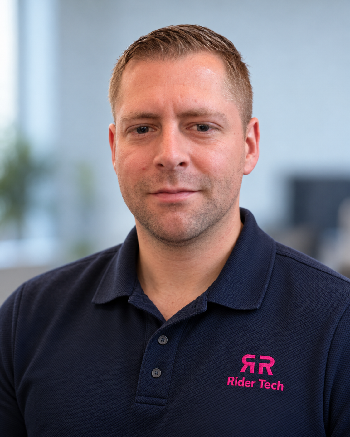 Scott Rider, owner and founder of Rider Tech, wearing a navy Rider Tech polo